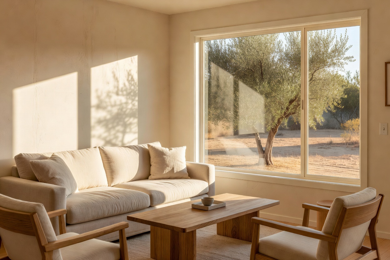 Modest casita living room looking onto a courtyard