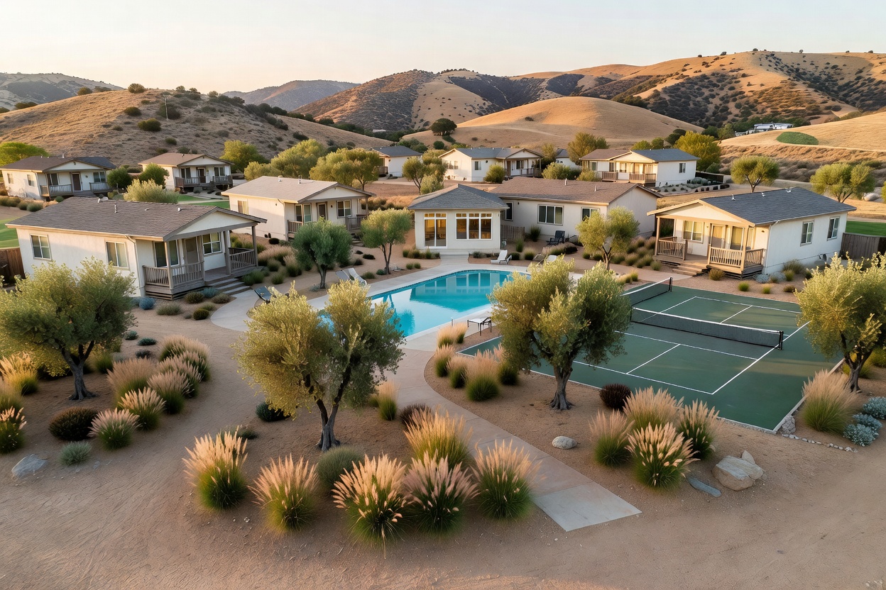 TrueHaven cottage court with pool and pickleball, late afternoon