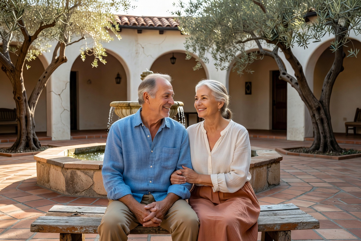 Two neighbors sitting by a courtyard fountain