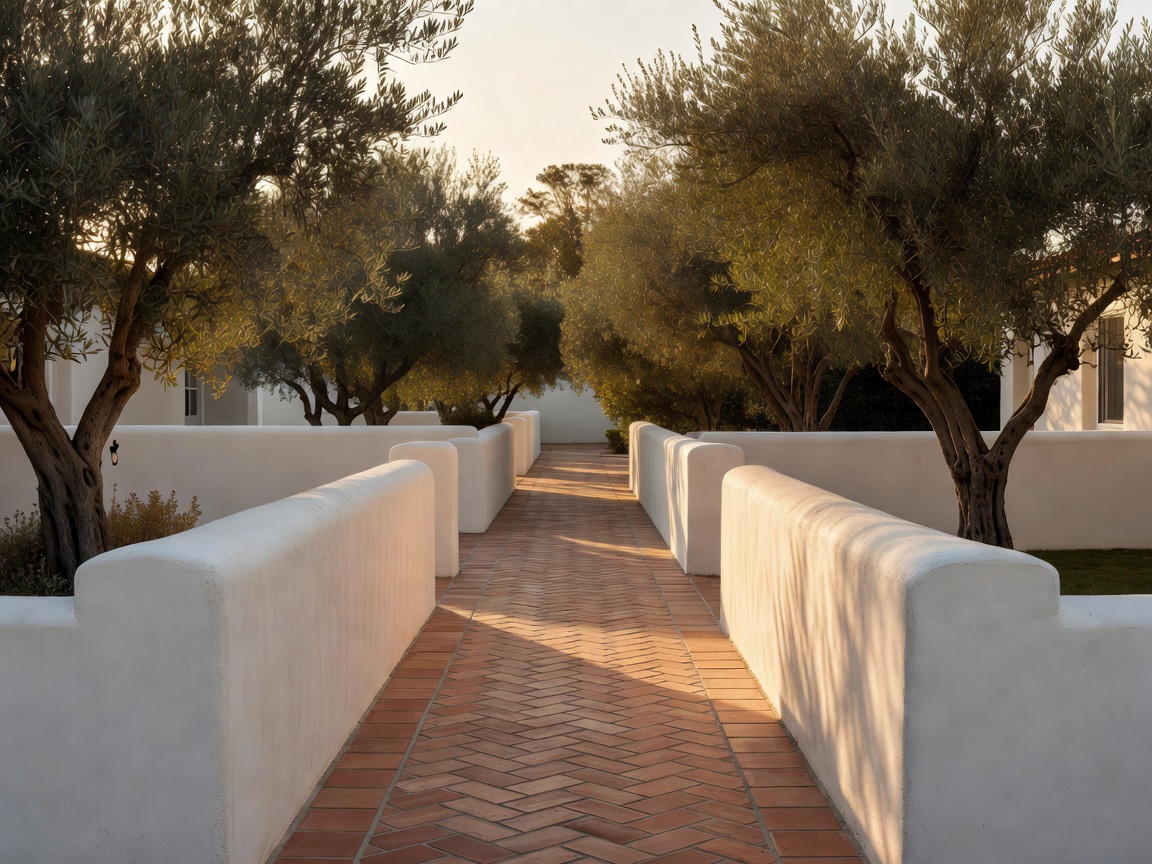 Olive walk between plaster courtyard walls