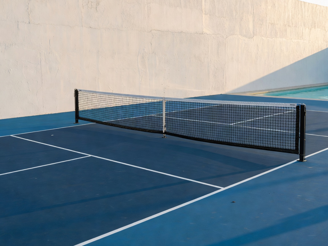 Empty pickleball court beside a plaster wall