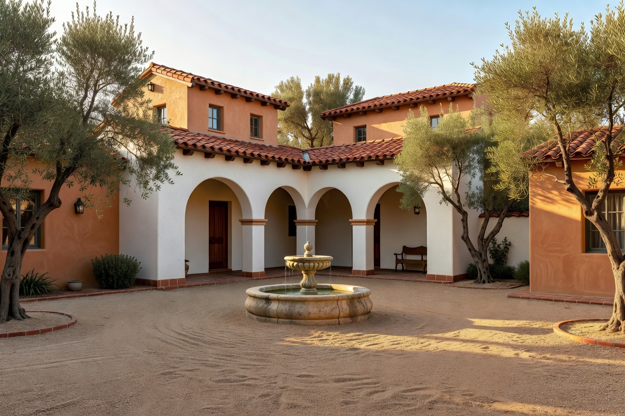 Spanish courtyard with fountain and plaster arcade